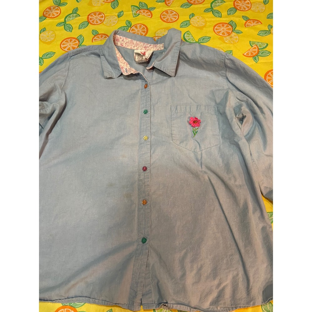 Quacker Factory Button Down Shirt Women 2X Blue Floral Embroidered Cotton Blouse